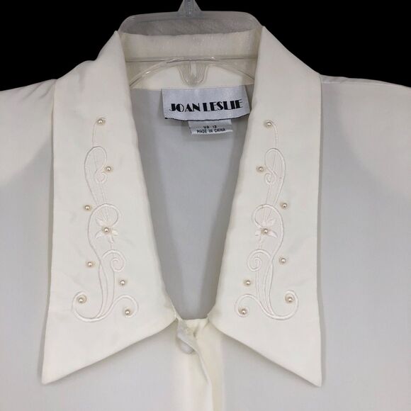 Vintage 80s Ivory Poet, Secretary Blouse w/Embroidered & Beaded Collar, SZ 12 - Picture 8 of 10
